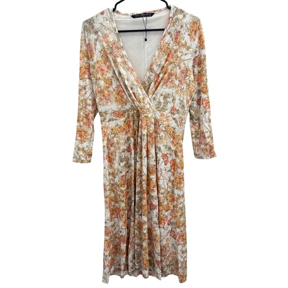 Peruvian Connection Persephone Dress Floral V-Neck Jersey Midi Orange Cream L - Picture 3 of 13